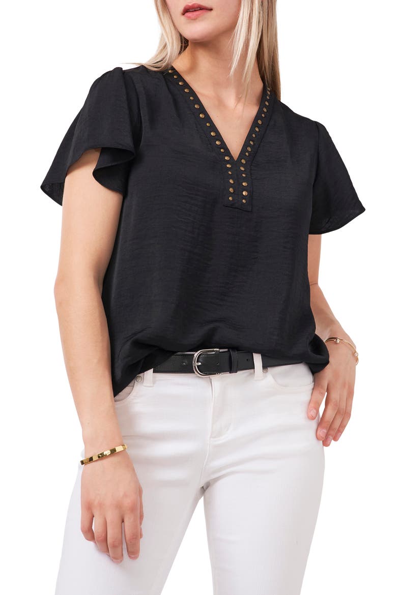 Studded V-Neck Blouse, Main, color, RICH BLACK