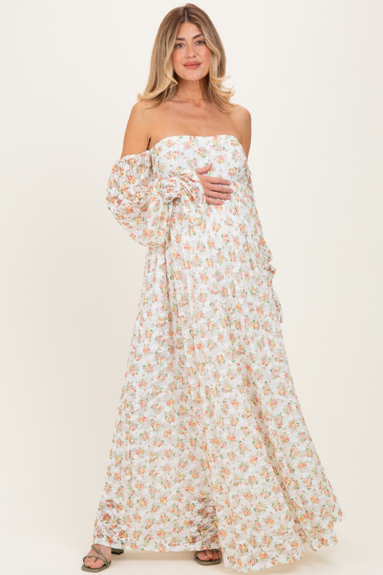 Floral Lace Smocked Long Sleeve Off Shoulder Maxi Dress, Alternate, color, Orange