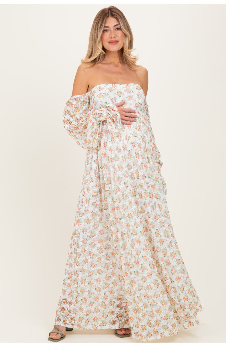 PinkBlush Floral Lace Smocked Long Sleeve Off Shoulder Maxi Dress, Alternate, color, Orange