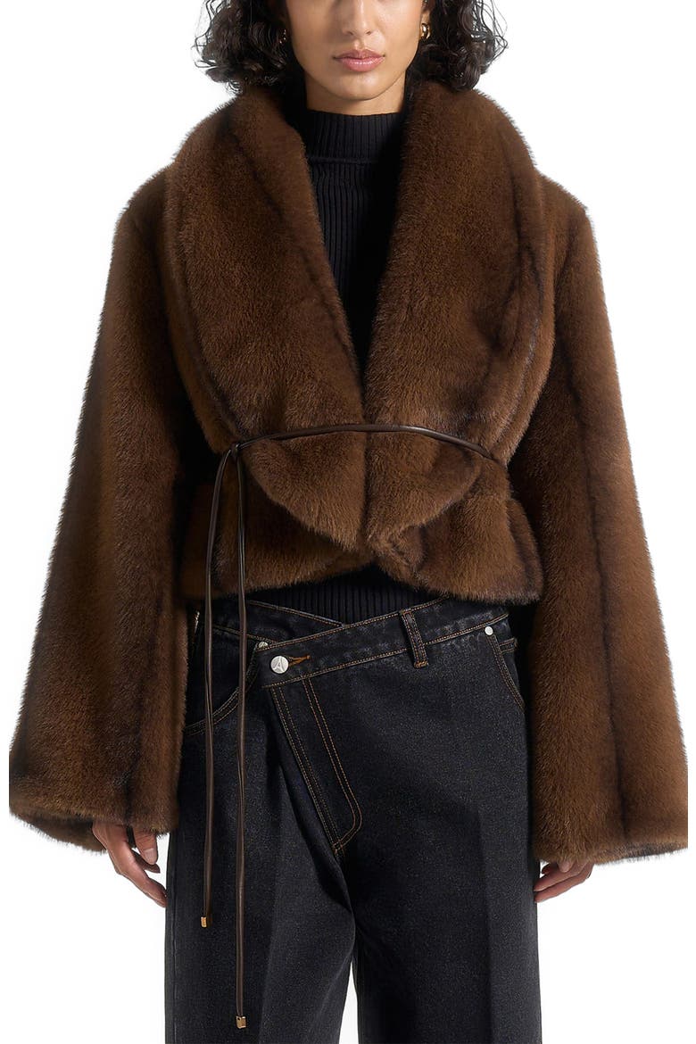 Nola Fur Shawl Jacket with Leather Belt, Main, color, Brown