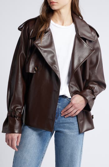 Pixie Market Tie Waist Faux Leather Trench Coat In Dark Brown