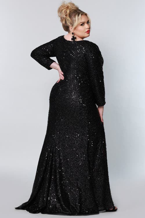 Sydney's Closet Long Sleeve Fitted Scoop Neck Sequin Plus Size Gown In Onyx