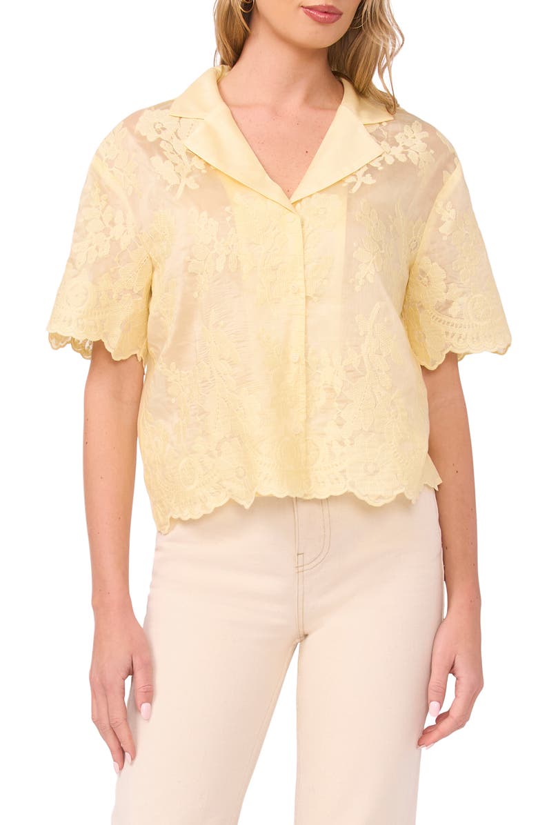 Vince Camuto Sheer Floral Camp Shirt, Main, color, Lemon Cream