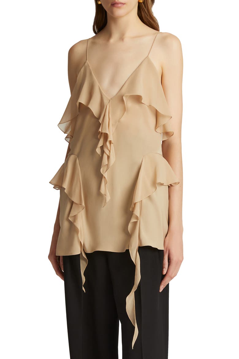 The Piet Ruffle Silk Charmeuse Top, Main, color, BEIGE
