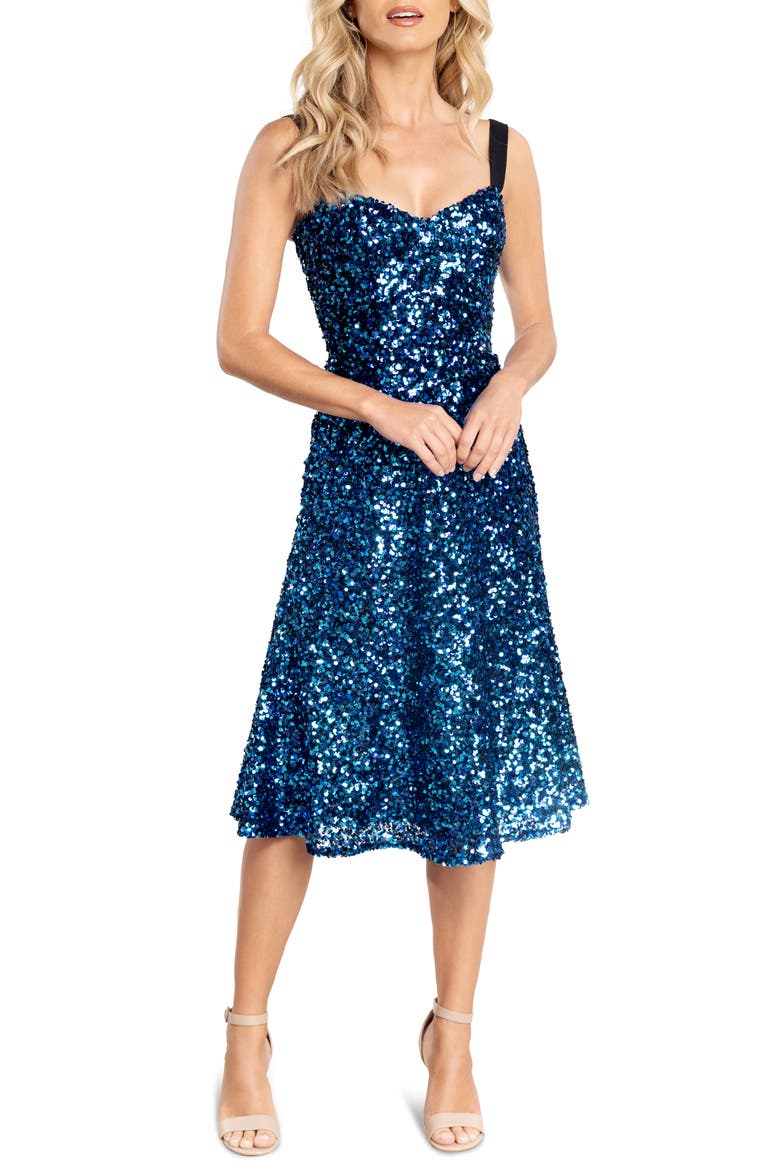 Elena Sequin Fit & Flare Dress, Main, color, COBALT MULTI