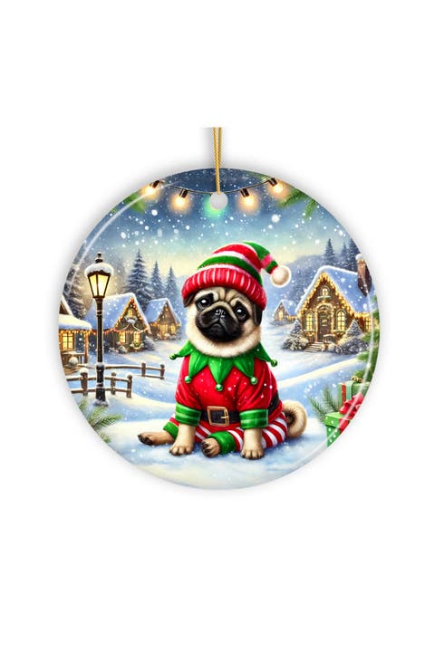 Snowy Village Elf Pug Ceramic Ornament