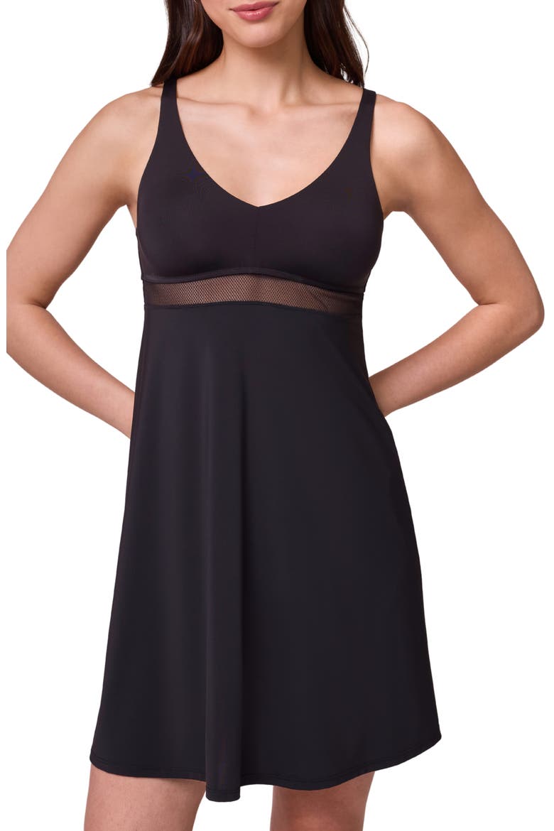 Mysa Sheer Mesh Inset Chemise, Main, color, BLACK