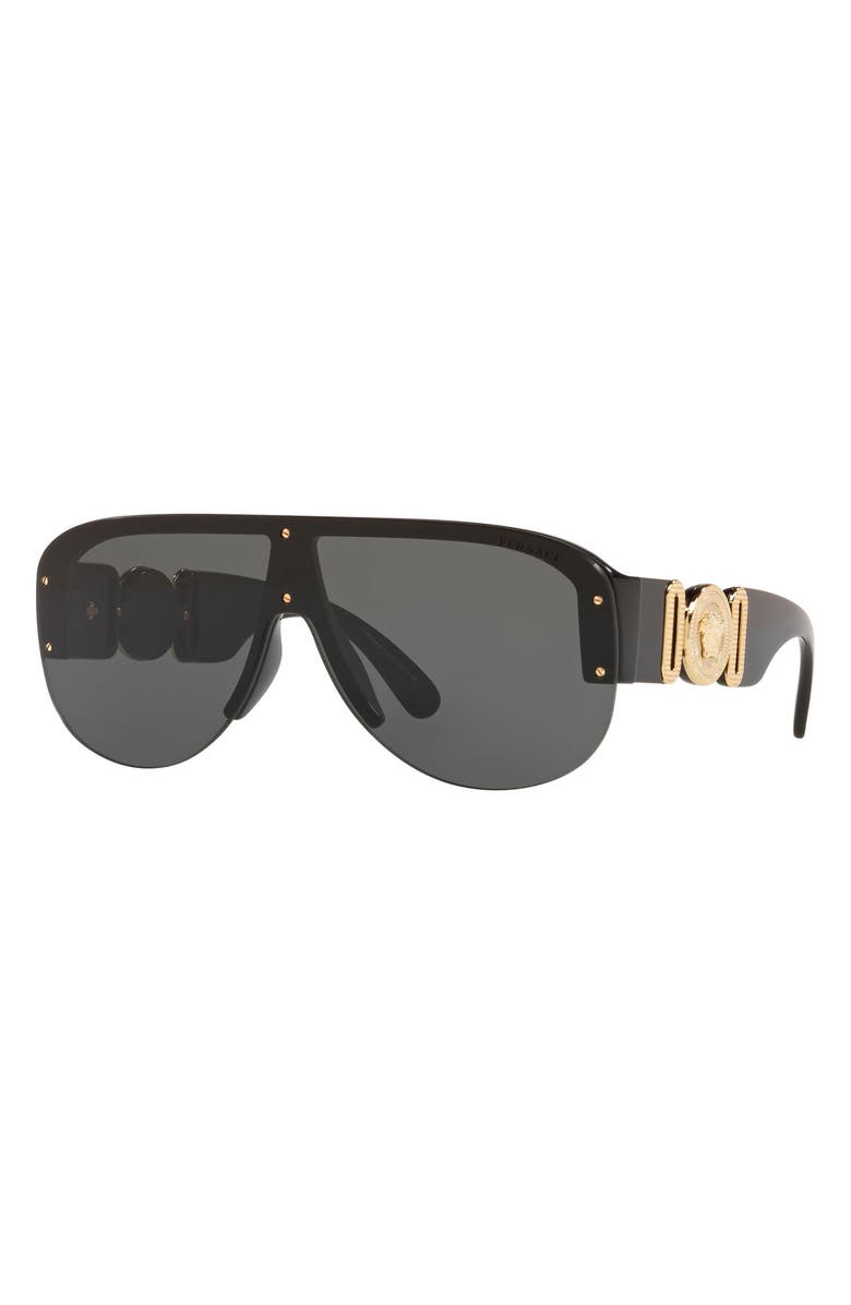 Versace 148mm Shield Sunglasses, Alternate, color, Black / Dark Grey