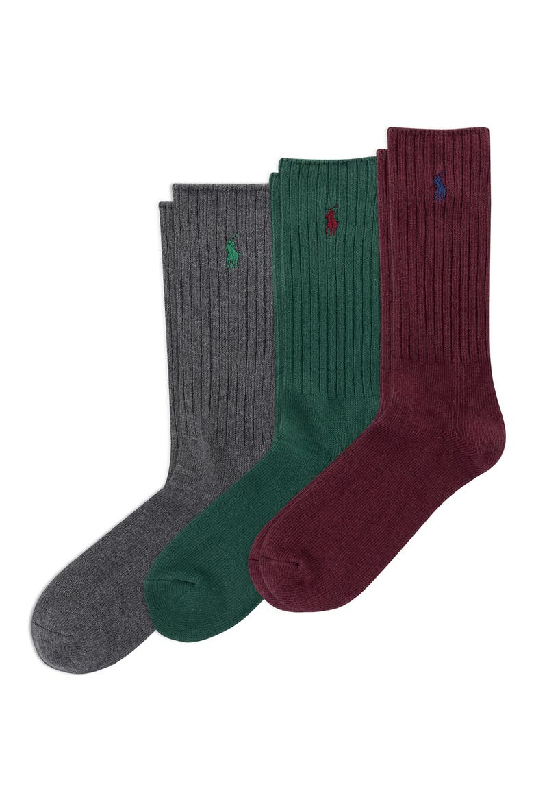 Assorted 3-Pack Ribbed Cotton Blend Crew Socks, Main, color, BURGUNDY/ GREEN/ GREY