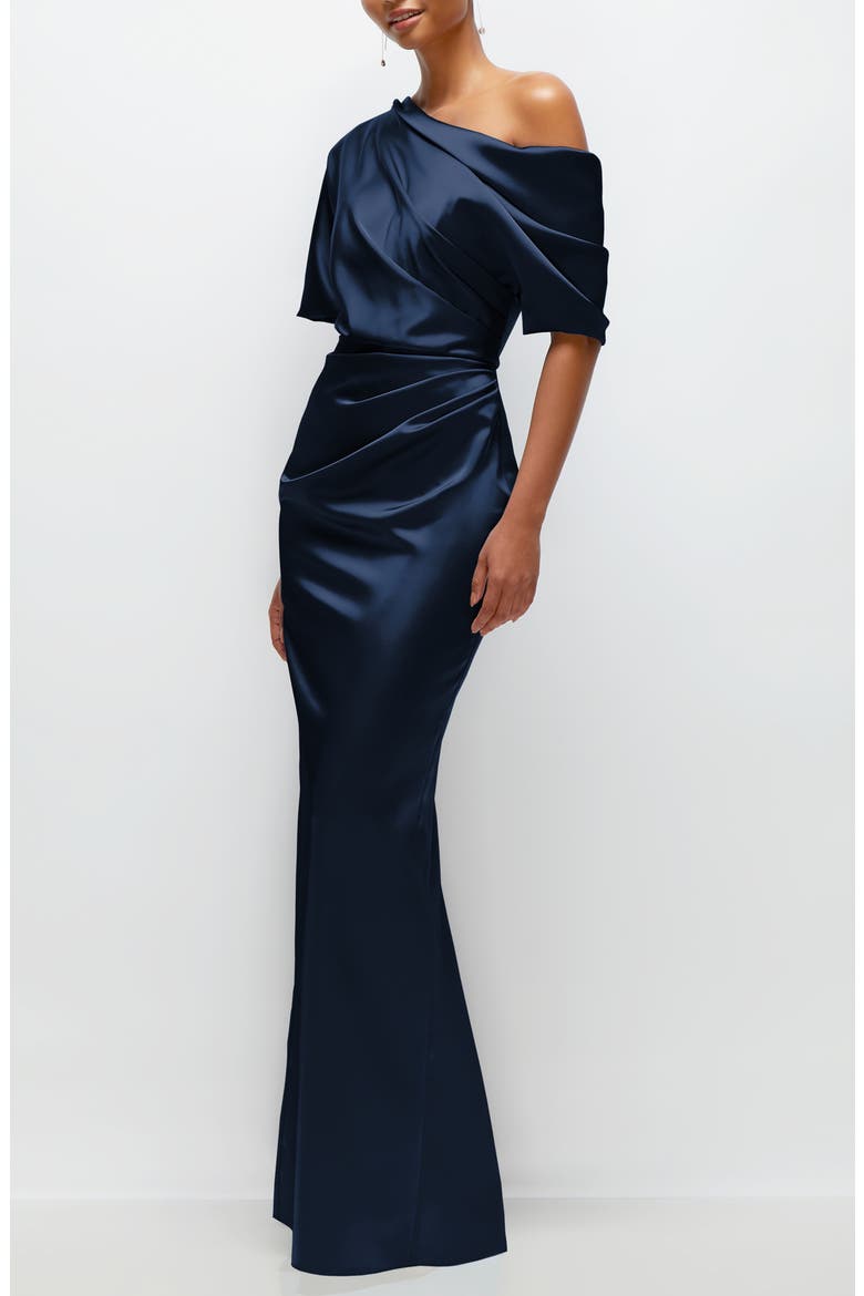 Ruched One-Shoulder Satin Gown, Alternate, color, MIDNIGHT