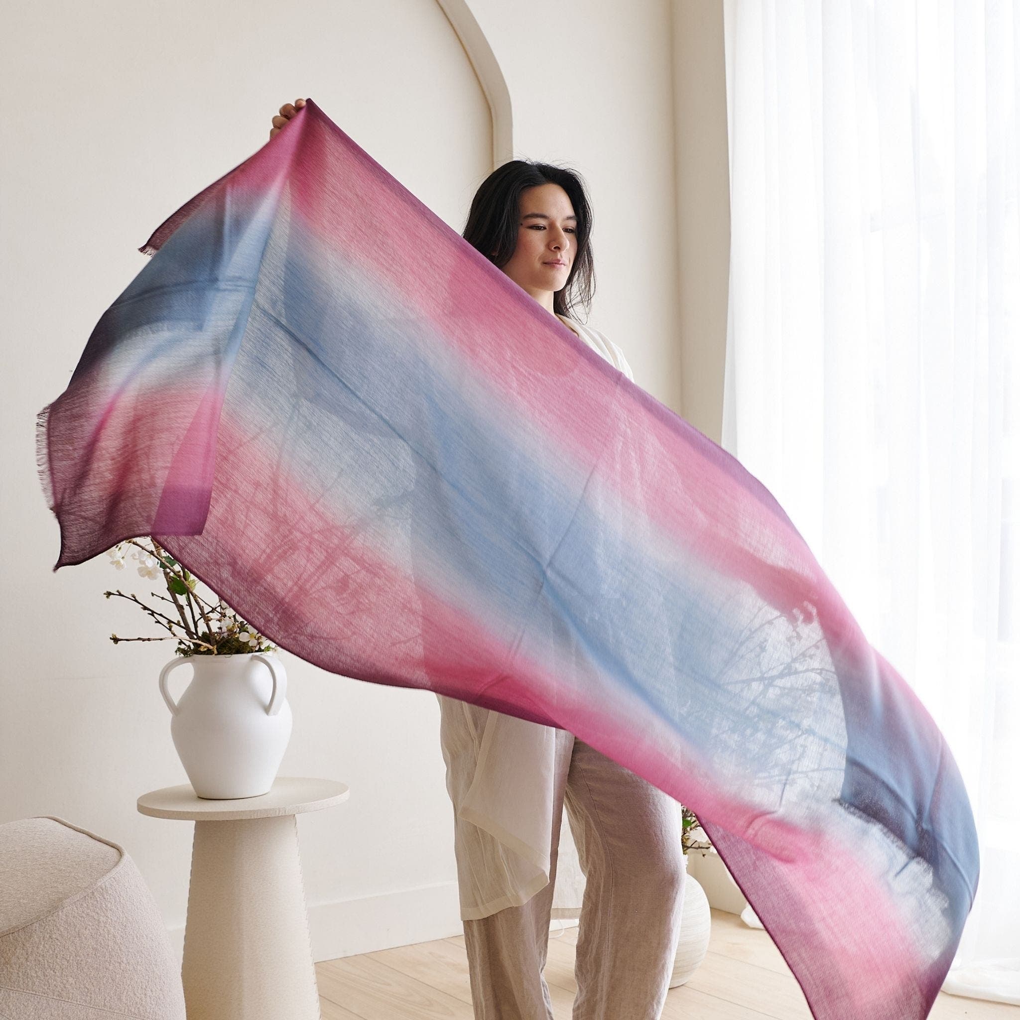 Studio Variously Iris Haze Blue Pink Cashmere Merino Handloom Scarf, Alternate, color, Pink