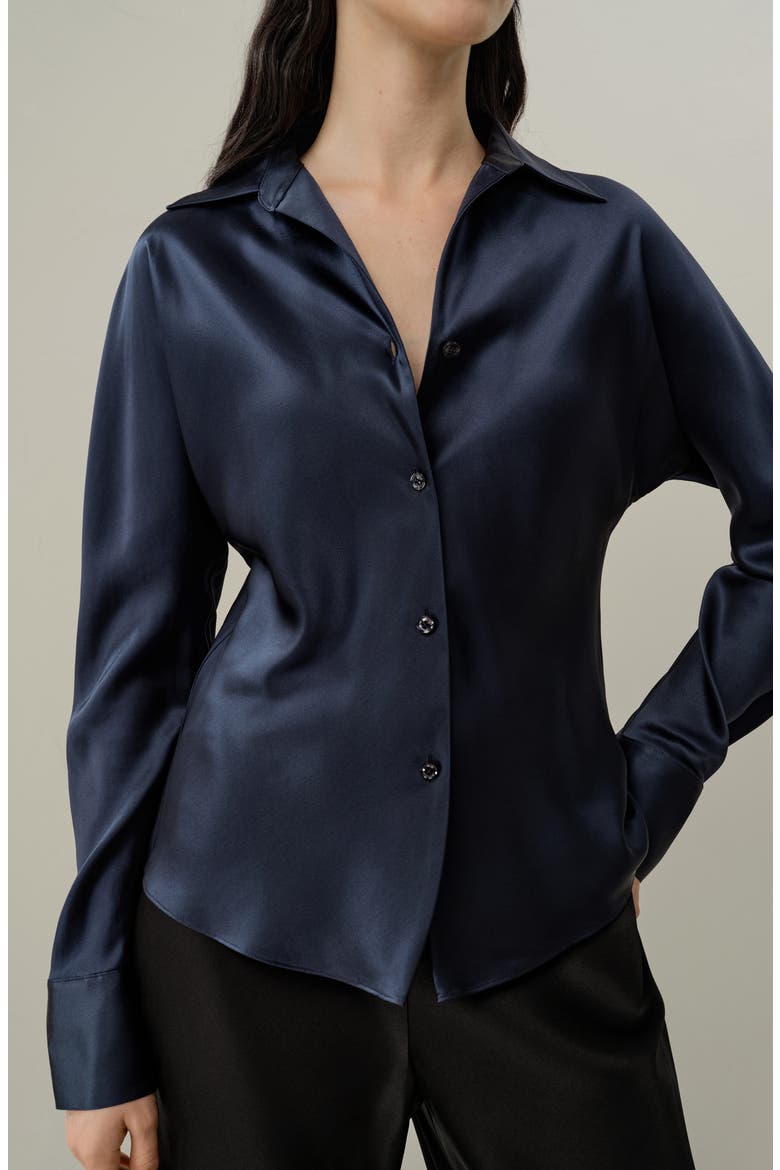 Women's Bias Cut Silk Shirt, Alternate, color, Navy Blue
