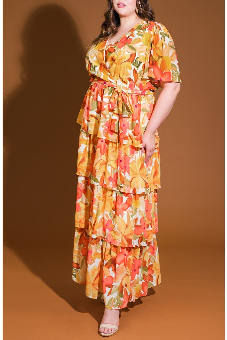 Printed Tie Waist Tiered Maxi Dress, Alternate, color, IVORY MUSTARD