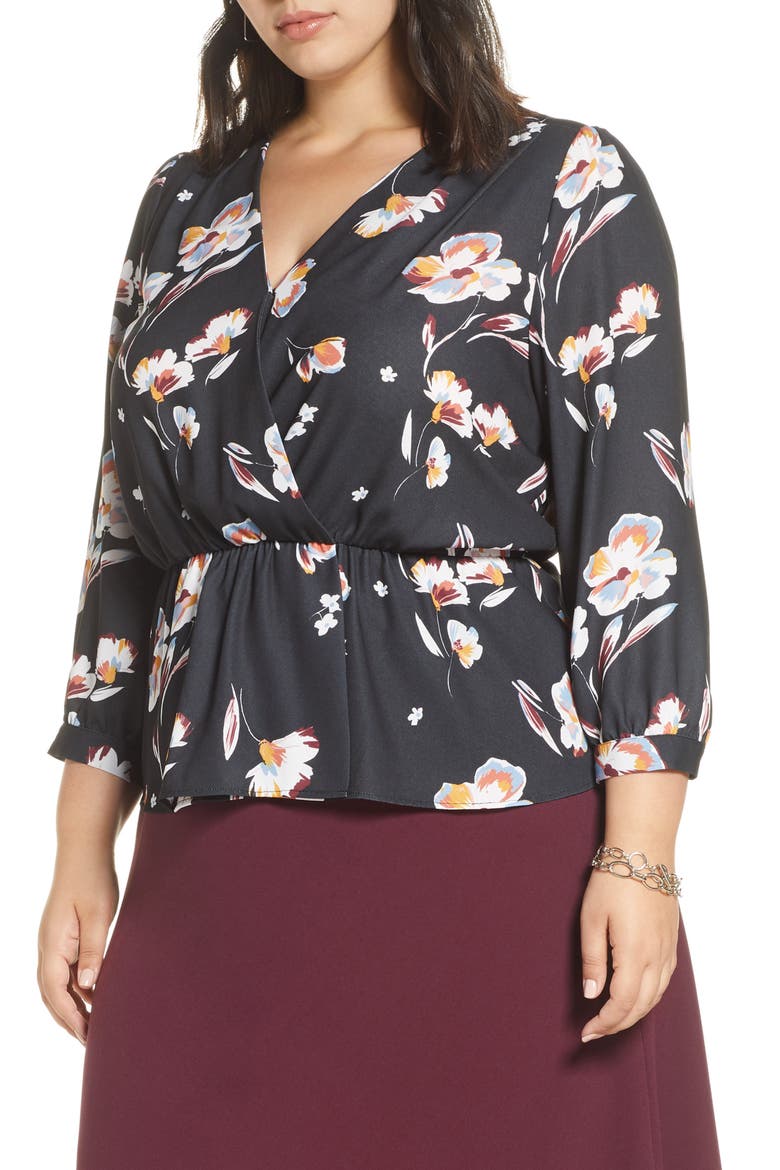 Wrap Front Peplum Top, Main, color, BLACK FLORAL