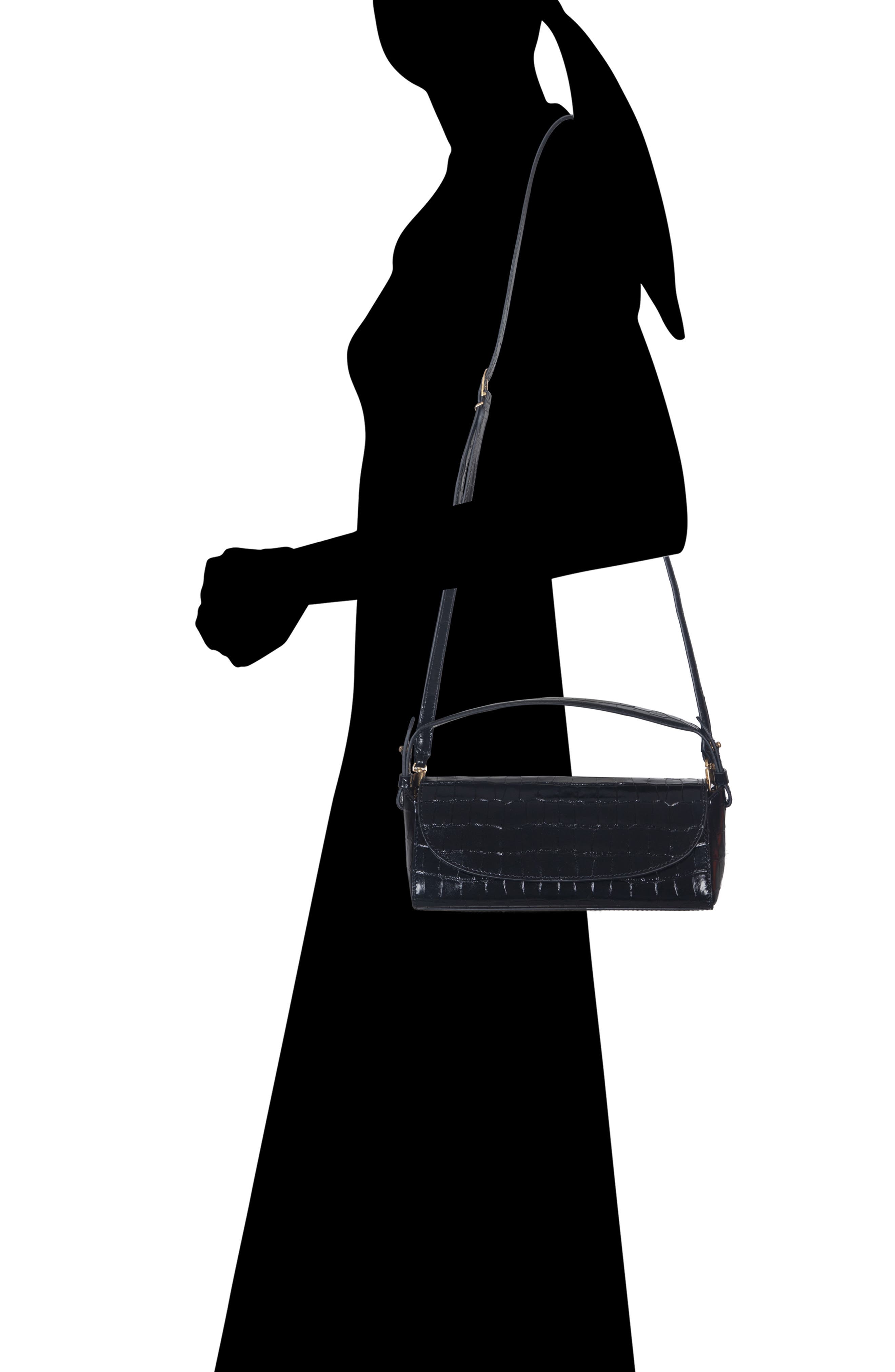 Vince Mini Sabrina Croc Embossed Leather Top Handle Bag, Alternate, color, Black