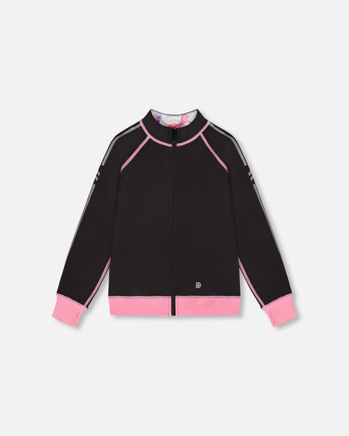 Deux Par Deux Little Girl's Printed Reversible Full Zip Athletic Cardigan Pink, Blue And Butterflies In Pink, Blue And Butterflies