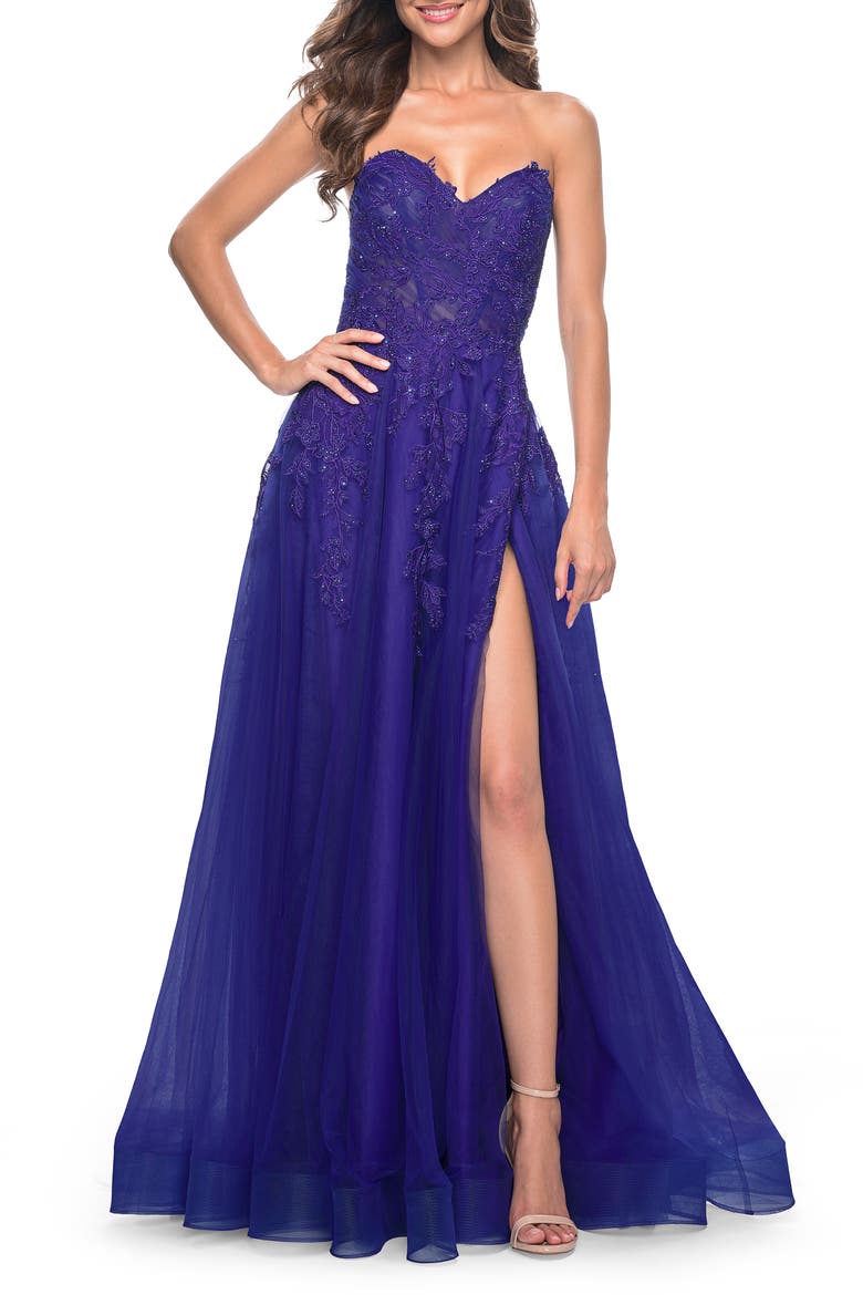 Sweetheart Tulle Strapless Gown with Lace Applique, Main, color, Indigo