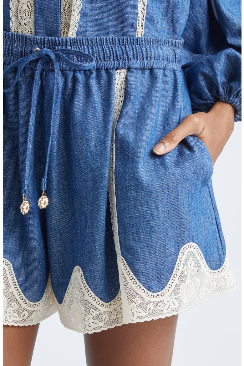 Awaken Lace Trim Denim Shorts, Alternate, color, RAILWAY BLUE
