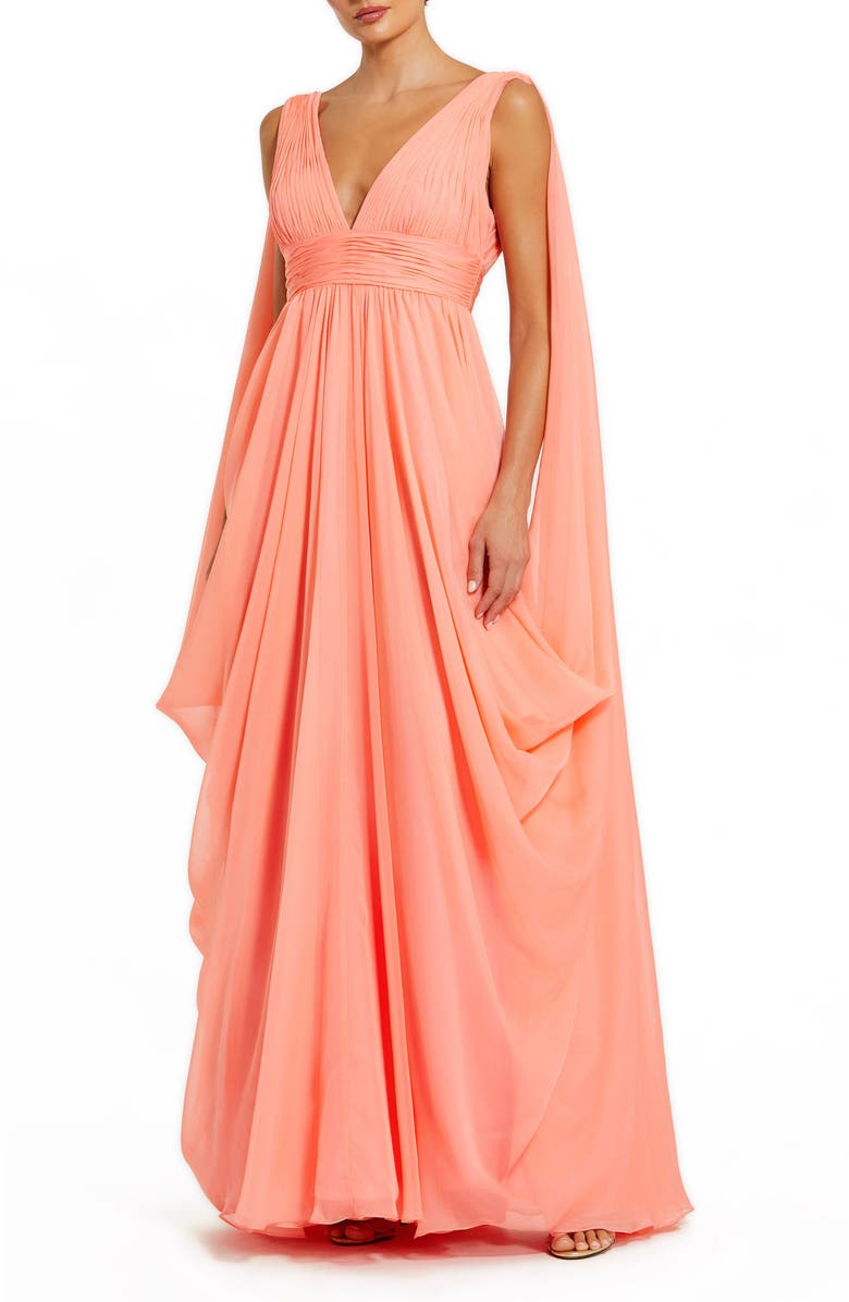 Mac Duggal Drape Detail V Neck Chiffon Gown, Main, color, Coral