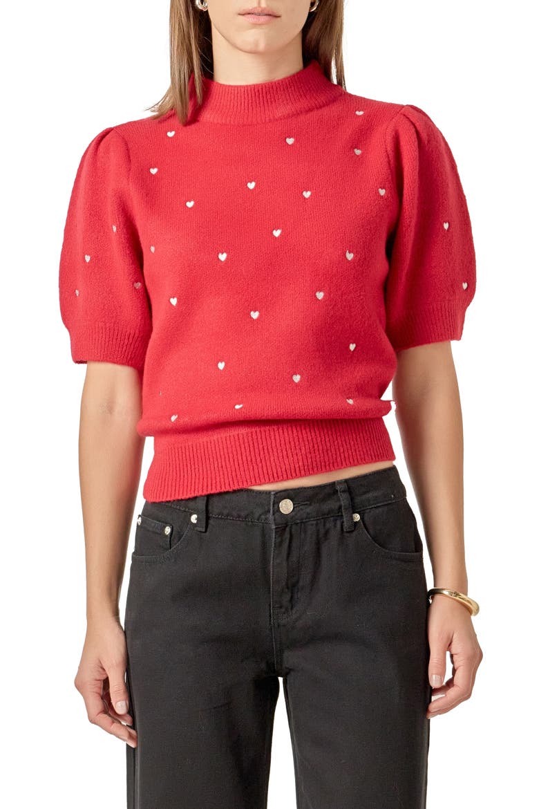 Heart Embroidered Puff Sleeve Sweater, Main, color, RED