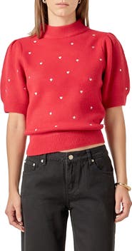 English Factory Heart Embroidered Puff Sleeve Sweater