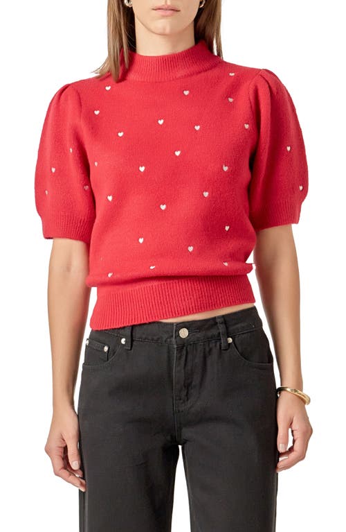 English Factory Heart Embroidered Puff Sleeve Sweater In Red