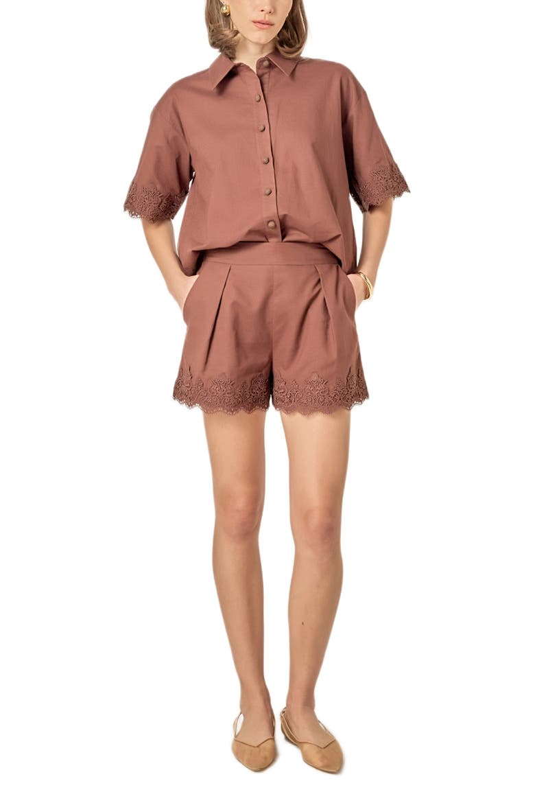 Lace Trim Linen & Cotton Shorts, Alternate, color, CHOCOLATE BROWN