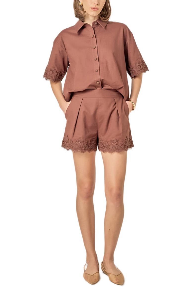 English Factory Lace Trim Linen & Cotton Shorts, Alternate, color, Chocolate Brown