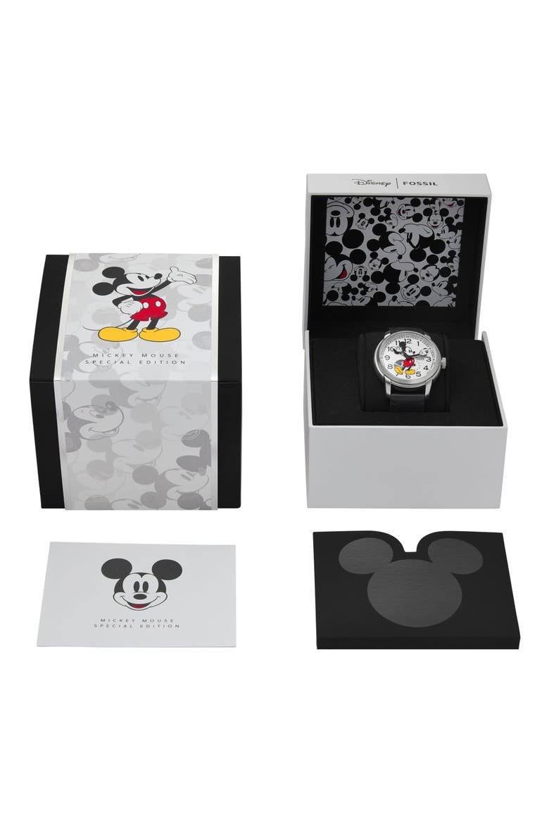 x Disney Classic Disney Mickey Mouse Leather Strap Watch, Alternate, color, BLACK