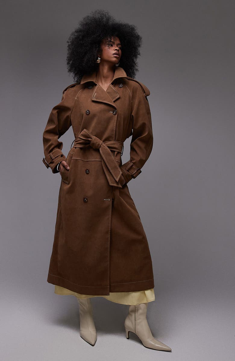 Topshop Oversize Faux Suede Trench Coat, Main, color, 