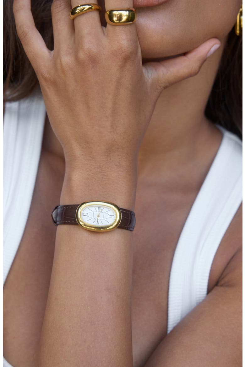 Bridgette Leather Strap Watch, 21 x 30mm, Alternate, color, WHITE/ ESPRESSO CROC