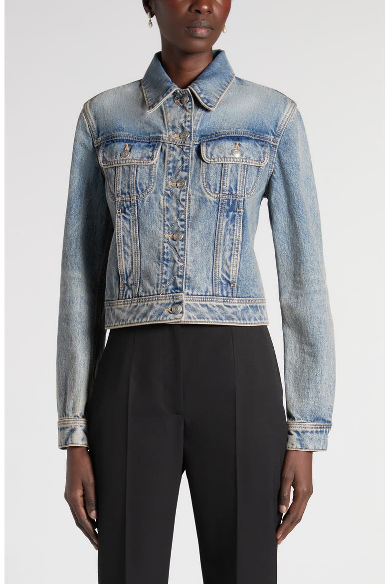 Corset Laced Denim Jacket, Main, color, BLUE MIDWASH