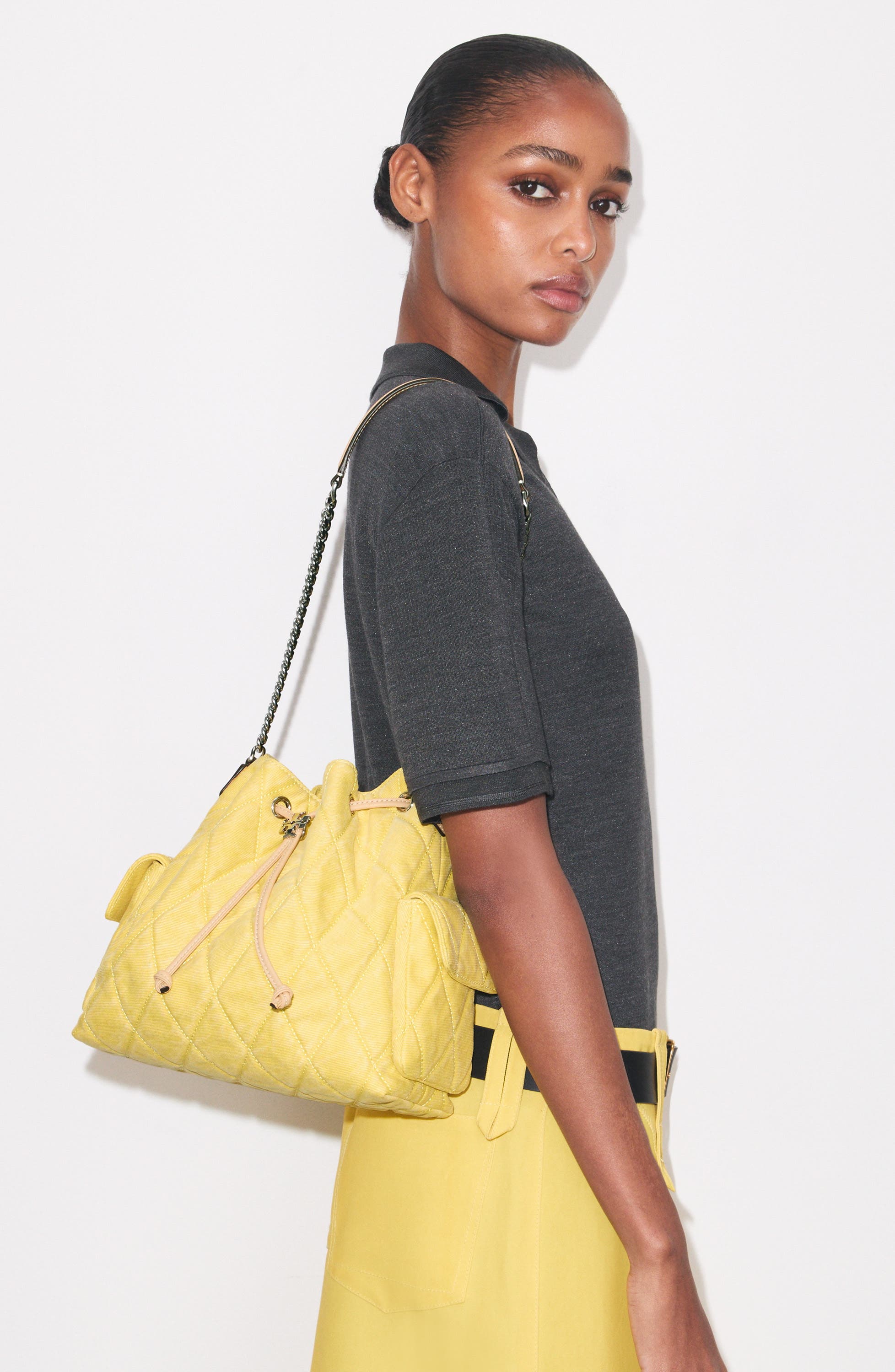 Charlie Quilted Denim Drawstring Shoulder Bag, Alternate, color, YELLOW