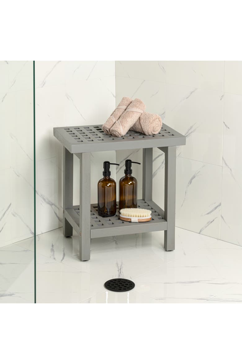 Armin Modern Acacia Wood Shower Stool with Storage Shelf, Heavy Duty Slatted Bath Spa Bench for Bathroom, Shower Entryway, Alternate, color, Gray
