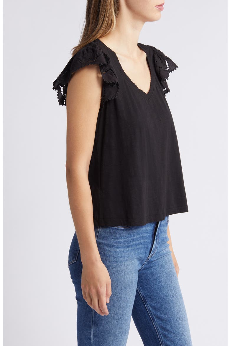 Eyelet Flutter Sleeve Jersey T-Shirt, Alternate, color, BLACK