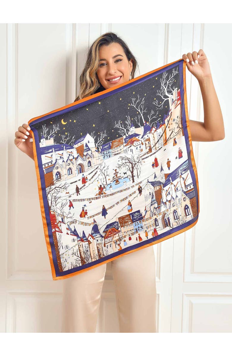 SILKSILKY Pure Silk Scenery Pattern Square Scarf, Alternate, color, Black