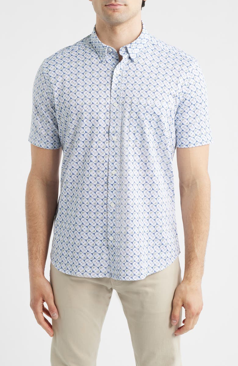 Johnston & Murphy XC Flex Ascend Short Sleeve Button-Up Shirt, Main, color, Blue Multi Square Grid
