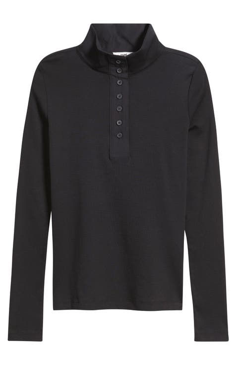 Half Button Turtleneck Cotton Top