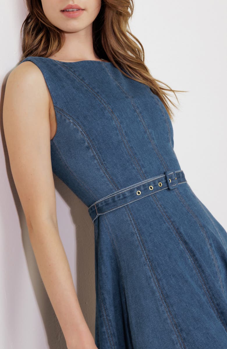 FREEMARKET Belted Seamed Denim Flare Maxi Dress, Alternate, color, 