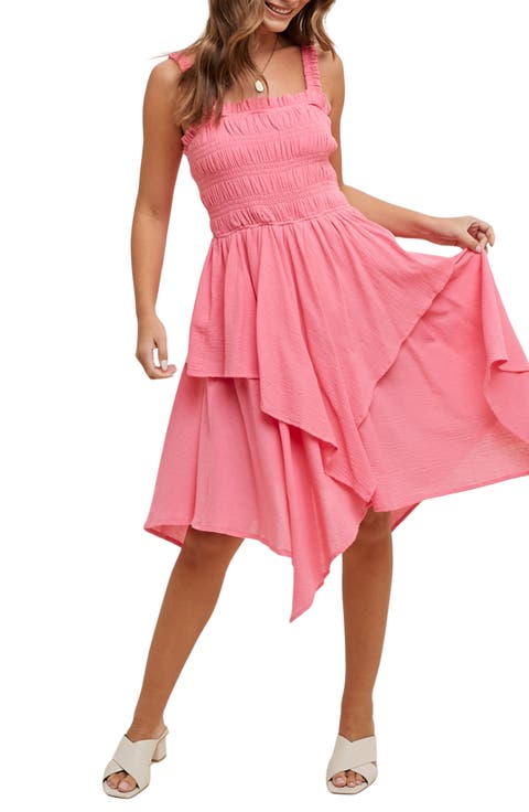 Smocked Handkerchief Hem Minidress