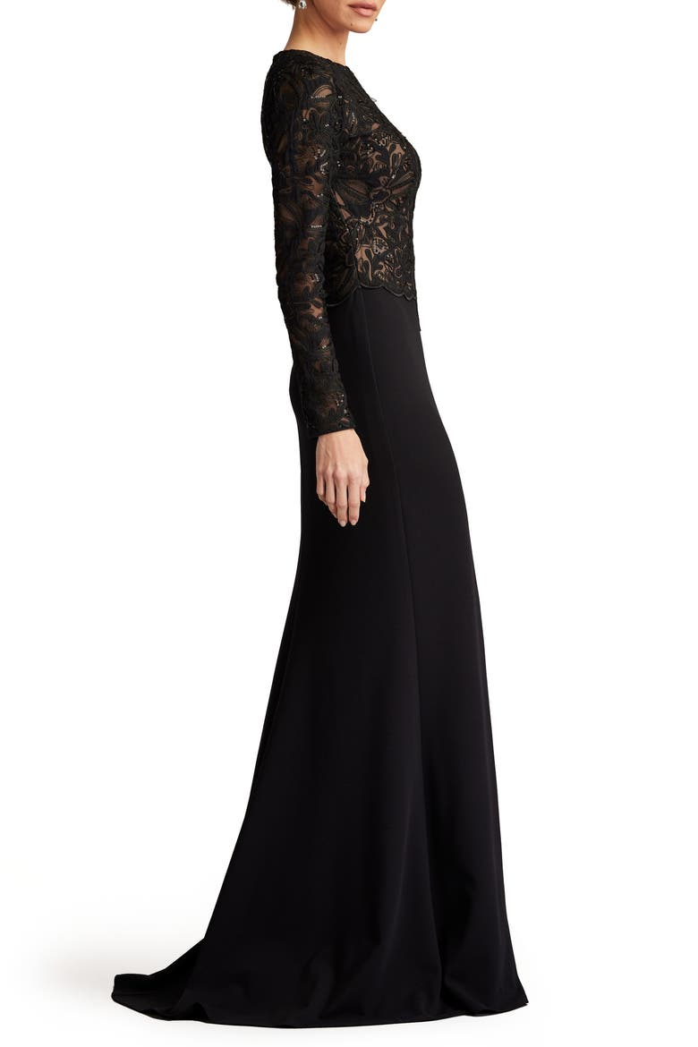Embroidered Lace Long Sleeve Gown, Alternate, color, BLACK/ BEIGE