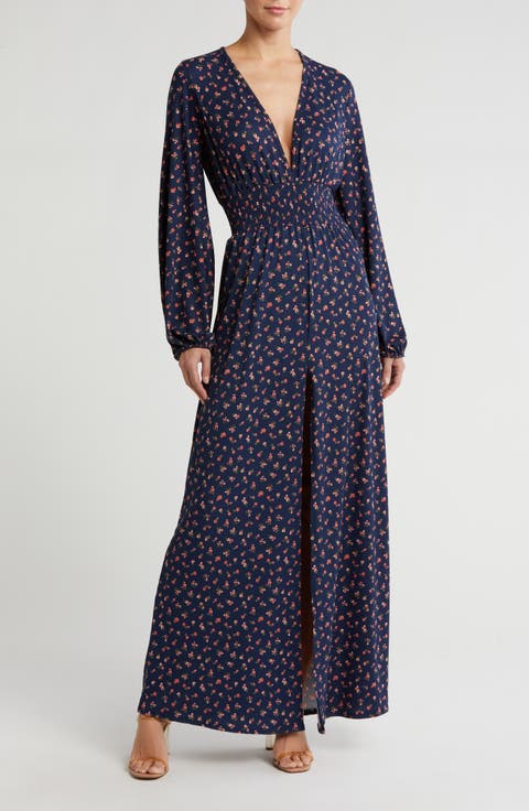 Plunge Neck Floral Long Sleeve Maxi Dress
