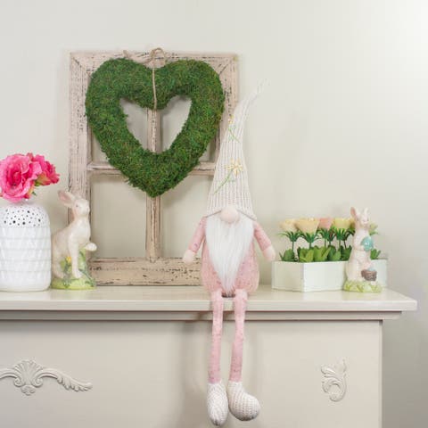 Sitting Spring Gnome Figure With Floral Knitted Hat - 29" - Pink And Cream