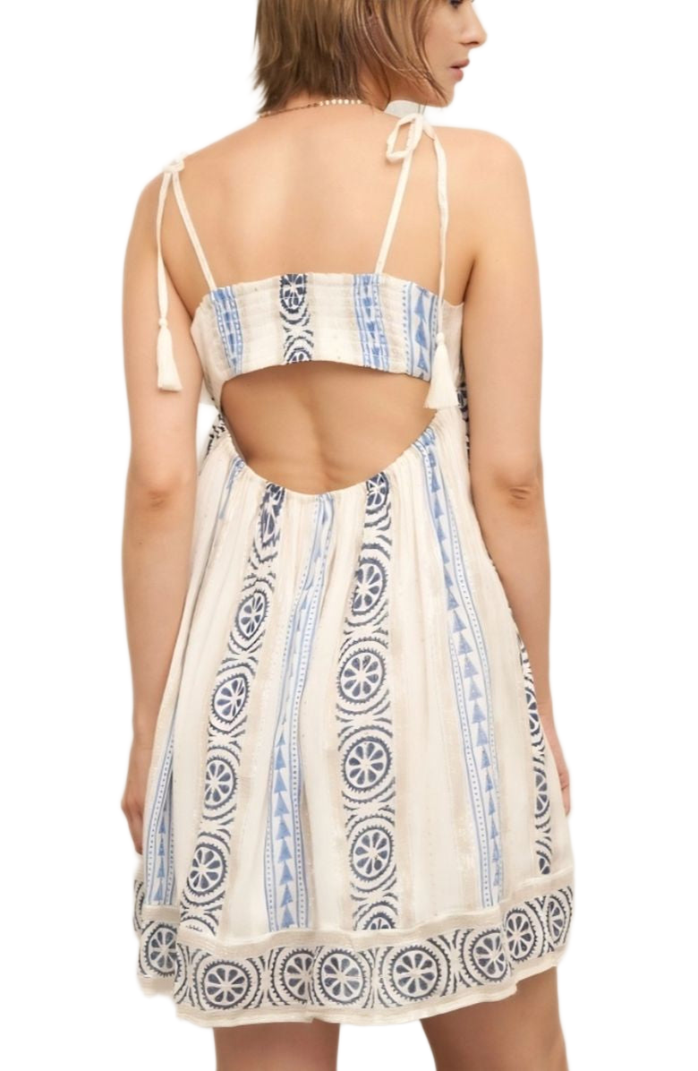 Knit and Lounge Embroidered Tassel Tie Strap Boho Mini Dress, Alternate, color, 