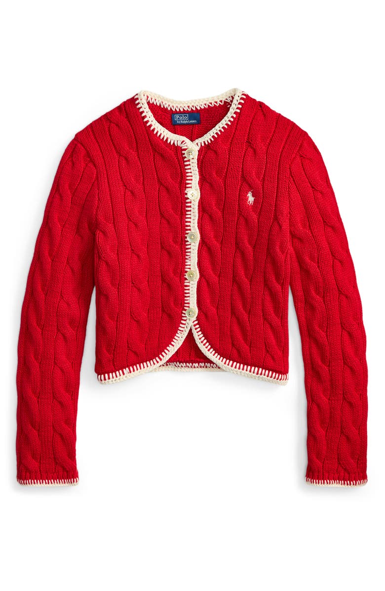 Polo Ralph Lauren Cable Knit Button Front Crop Cardigan, Alternate, color, Cruise Red