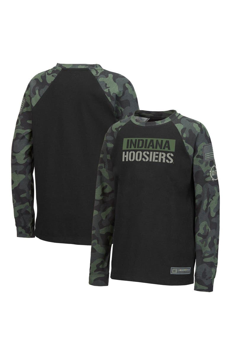 COLOSSEUM Youth Colosseum Black/Camo Indiana Hoosiers OHT Military Appreciation Raglan Long Sleeve T-Shirt, Main, color,