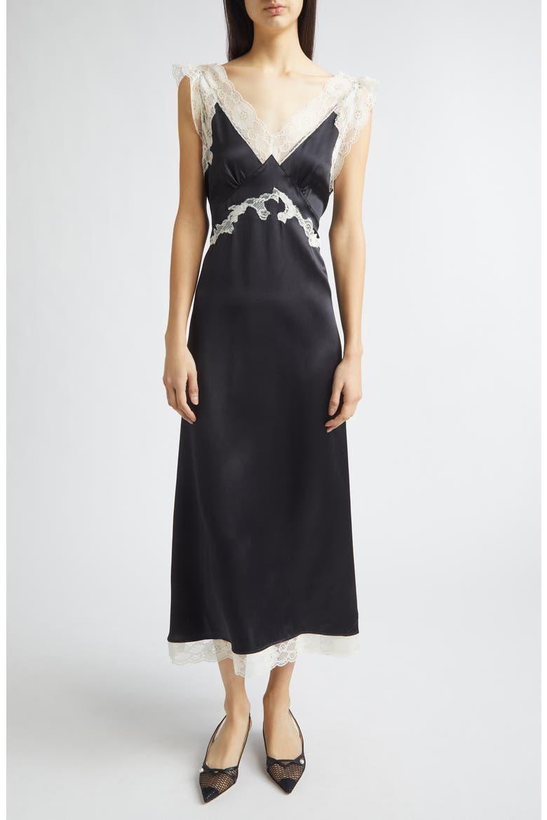 Gender Inclusive Irene Lace Trim Silk Charmeuse Midi Dress, Main, color, BLACK