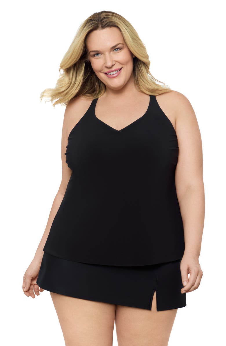 Aqua Green Plus Size Supportive Y-Back Full Coverage Tankini Swimsuit Top, Main, color, Black