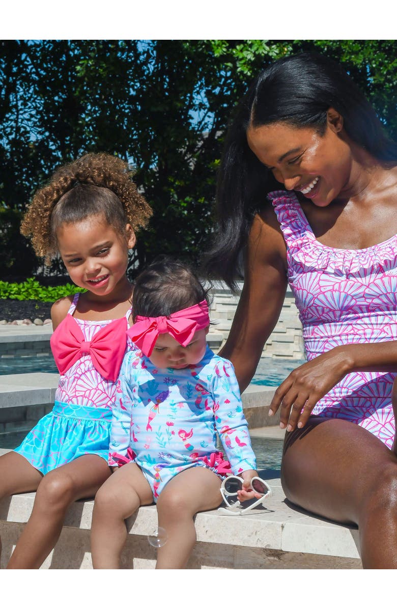 RuffleButts Girls UPF50+ Big Bow Skirted One Piece, Alternate, color, Pink Magical Mermaids