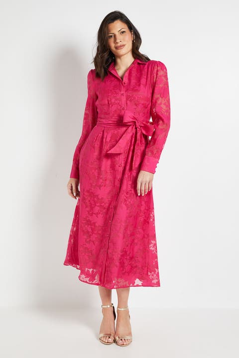 Floral Organza Belted Midi Dress